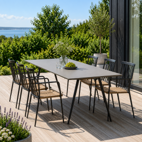 Helle havem�bels�t til 6 personer - Elegant gr�t spisebord med Durafit-bordplade og 6 komfortable rattanstole i sort og natur