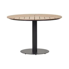 Liv havem�bels�t - Rundt �113 cm havebord i sort aluminium og teakfarvet nonwood med 4 stabelbare havestole i naturfarvet polyrattan