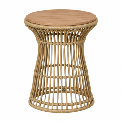 Elegant caf�s�t i naturfarvet polyrattan - 2 komfortable stole med hynder og rundt sidebord �42 cm