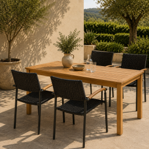 Oline havem�bels�t - Massivt Kronborg teakbord & 4 stilrene og sorte Era stabelstole