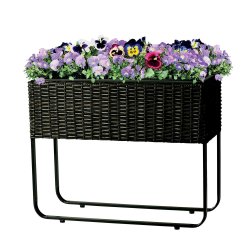 Plantekasse i UV-beskyttet polyrattan med ben - sort. Kan st ude ret rundt