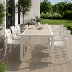 Josephine havem�bels�t - Vedligeholdelsesvenligt havem�bels�t med 195�90�74 havebord i aluminium og keramik og 6 hvide stabelbare stole i plast