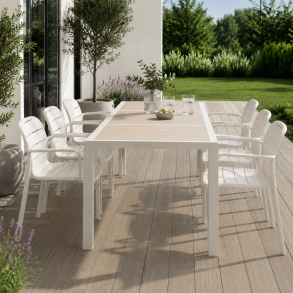 Josephine havem�bels�t - Vedligeholdelsesvenligt havem�bels�t med 195�90�74 havebord i aluminium og keramik og 6 hvide stabelbare stole i plast