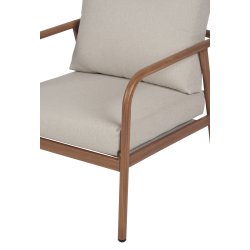 Eksklusivt lounges�t med 4 dele i vedligeholdelsesfrit aluminium - Elegant teaklook bord, 2 komfortable l�nestole og sofa med bl�de All-weather hynder - Beige