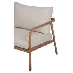 Eksklusivt lounges�t med 4 dele i vedligeholdelsesfrit aluminium - Elegant teaklook bord, 2 komfortable l�nestole og sofa med bl�de All-weather hynder - Beige