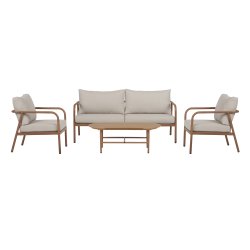 Eksklusivt lounges�t med 4 dele i vedligeholdelsesfrit aluminium - Elegant teaklook bord, 2 komfortable l�nestole og sofa med bl�de All-weather hynder - Beige