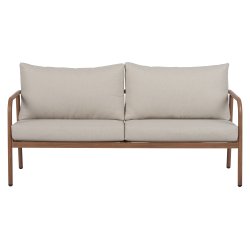 Eksklusivt lounges�t med 4 dele i vedligeholdelsesfrit aluminium - Elegant teaklook bord, 2 komfortable l�nestole og sofa med bl�de All-weather hynder - Beige