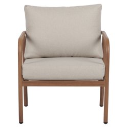 Eksklusivt lounges�t med 4 dele i vedligeholdelsesfrit aluminium - Elegant teaklook bord, 2 komfortable l�nestole og sofa med bl�de All-weather hynder - Beige