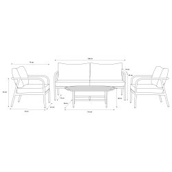 Eksklusivt lounges�t med 4 dele i vedligeholdelsesfrit aluminium - Elegant teaklook bord, 2 komfortable l�nestole og sofa med bl�de All-weather hynder - Beige