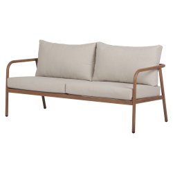 Eksklusivt lounges�t med 4 dele i vedligeholdelsesfrit aluminium - Elegant teaklook bord, 2 komfortable l�nestole og sofa med bl�de All-weather hynder - Beige