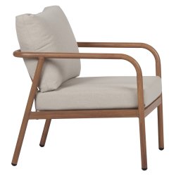 Eksklusivt lounges�t med 4 dele i vedligeholdelsesfrit aluminium - Elegant teaklook bord, 2 komfortable l�nestole og sofa med bl�de All-weather hynder - Beige