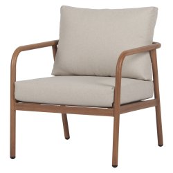 Eksklusivt lounges�t med 4 dele i vedligeholdelsesfrit aluminium - Elegant teaklook bord, 2 komfortable l�nestole og sofa med bl�de All-weather hynder - Beige