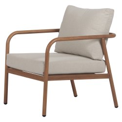 Eksklusivt lounges�t med 4 dele i vedligeholdelsesfrit aluminium - Elegant teaklook bord, 2 komfortable l�nestole og sofa med bl�de All-weather hynder - Beige