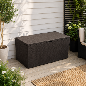 Stor Vandt�t 460L hyndeboks i sort Rattan-look - 120x61x63 cm - Vedligeholdelsesfri og vejrbestandig - St�rrelsen passer til 5-positionshynder og mindre