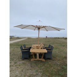Gala Gold Teak bord med 4 stk. Boston havestole i UV beskyttet polyrattan flet med goldteak armln. 