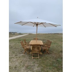 Stor Gala Gold Teakbord med 6 st. Boston Gold Teak Fllbara stolar med armstd.