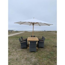 Gala Goldteak bord med 6 stk. Boston havestole i UV beskyttet polyrattan flet med goldteak armln. 