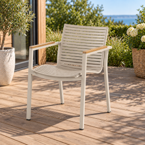Stilren stabelstol med lav ryg med aluminium stel og teak arml�n - Model: MOOD Square - F�s i flere farver