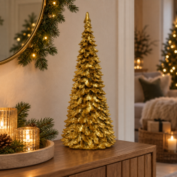 Stemningsfuldt gyldent juletr� i polyresin - Smuk og elegant dekoration til jul - F�s i flere st�rrelser