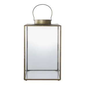 Glaslanterne i antik messingdesign med h�ndtag til b�de indend�rs og udend�rs brug