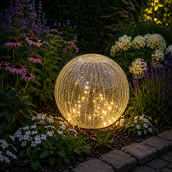Solcelle kugle med spyd i krakeleret glas med solcellepanel - 20 LED-lys - F�s i flere st�rrelser