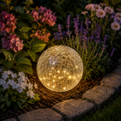 Solcelle kugle med spyd i krakeleret glas med solcellepanel - 20 LED-lys - F�s i flere st�rrelser