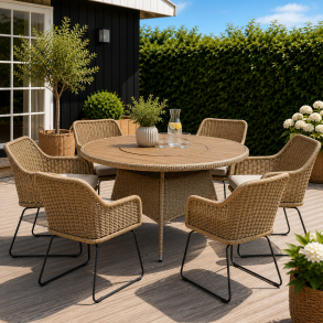 Vickie havem�bels�t - Elegant rundt havebord i teak look �150 cm med drejeskive og 6 komfortable havestole med hynder i natur og sort