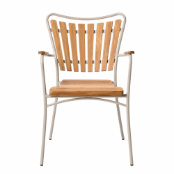 Sia havem�bels�t med stilrent �110 cm havebord og 4 stabelbare havestole i sandfarvet aluminium og gold teak - Ideel til hyggelige stunder p� terrassen eller haven