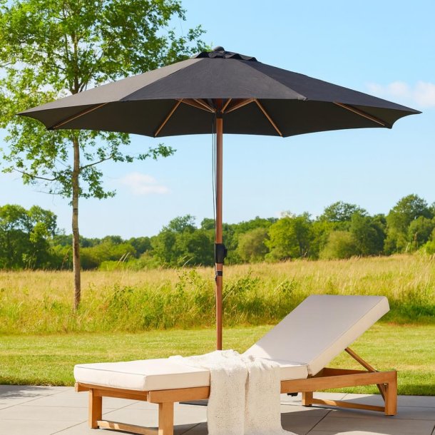 100 % vandtt parasol sort med krankfunktion og teakfarvet stang - Model: Jesper - 3M