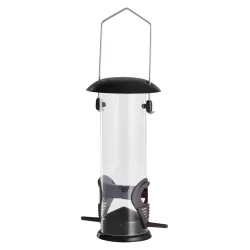 Elegant fuglefoderhus i carbonst�l med oph�ng med nem p�fyldning og velegnet til brug �ret rundt - V�lg mellem til fr�, n�dder eller mejsebolde