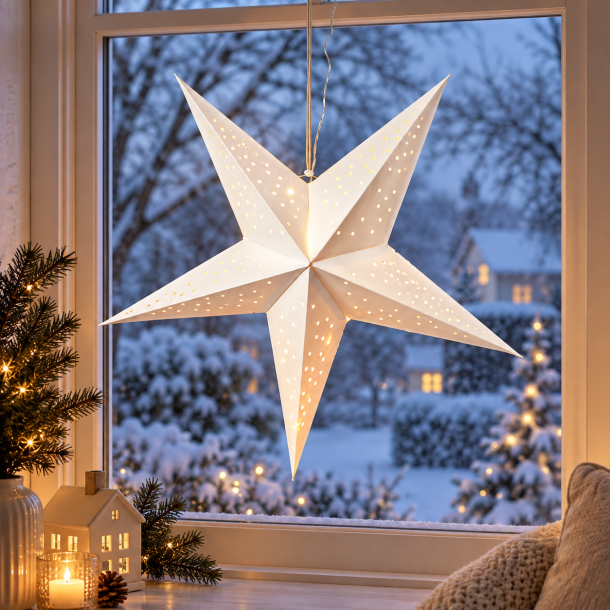 Hyggelig �60 cm papirstjerne med 10 varme LED-lys og batteriboks - F�s i flere farver