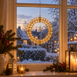 Smuk guldfarvet dekorationsring i metal med hyggeligt LED-lys og adapter - Til indend�rs og udend�rs brug - F�s i flere st�rrelser