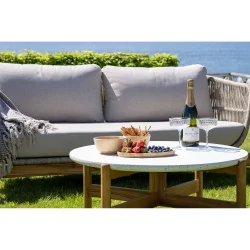 Lounges�t i UV-beskyttet flettet reb og akacietr� til 4 personer, inkl. hynder - Model: Viol