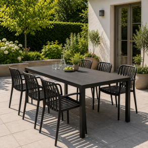 Moderne og vedligeholdelsesfrit Kadera havem�bels�t - 1 havebord i aluminium med nonwood bordplade og 6 komfortable havestole