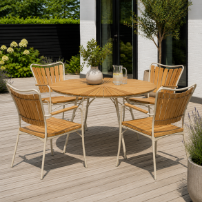 Nellie havem�bels�t - Elegant havem�bels�t med �130 cm bord og 4 stabelbare stole i sandfarvet aluminium og eksklusivt Gold-teaktr�