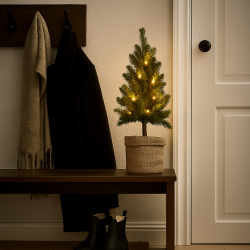 Juletr i jutepose med sne og LED lys