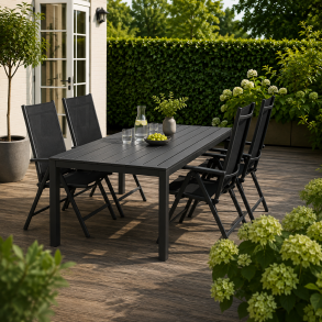 Silke havem�bels�t - Stilrent og vedligeholdelsesfrit havebord 150x90 cm med 4 sorte justerbare positionsstole�