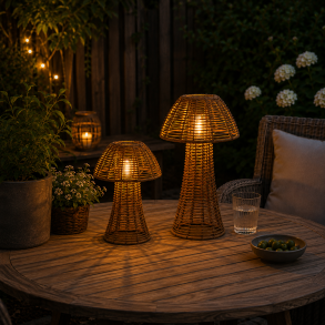 Dekorativ Mushroom solcelle lanterne i brun polyrattan med automatisk LED-lys - F�s i flere st�rrelser