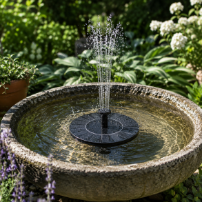 Dekorativt og elegant solcelledrevet springvand med 7 udskiftelige dyser -  �16 cm - Plast og metal - Sort