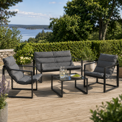 Moderne Mathilde-lounges�t med 4 dele i vedligeholdelsesfrit st�l - Sofa, 2 komfortable loungestole og loungebord med bl�de all weather-hynder - Antracit gr�