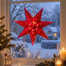 Elegant �40 cm papirstjerne med 10 varme LED-lys og batteriboks - F�s i flere farver