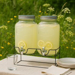 Stilren og praktisk saftdispenser med tappehane 2 x 4L klare glasbeholdere med sort metalstativ