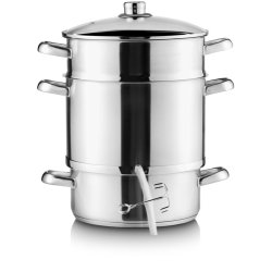 Alsidig saftkoger 8L i rustfrit stl 3 sektioner med lg og damphul inkl silikoneslange og klemme
