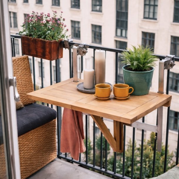 Balkonbord inkl. justerbar beslag. Fremstillet i Teak/rustfrit st�l  