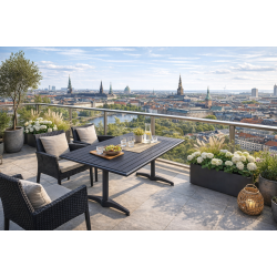 Marina Deluxe Terrasses�t med 4 stk. stabelstole og bord i nonwood/alu  � Hel�rsegnet, Rustfri Ramme &amp; H�j Siddekomfort