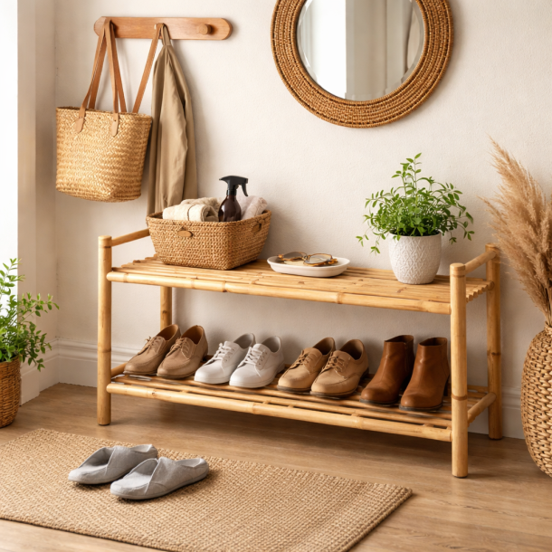 Ribbet sko reol i bambustr� med flot design - Model: Celine