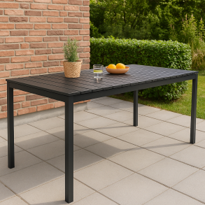 Vedligeholdelsesfrit sort havebord med udtrk. ml: 95x230/287 cm.- 6-12 personer. Model: Willy