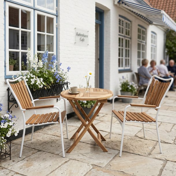 Cafes�t i silver teak og aluminium �:66cm - v�lg stolens farve Model: Mondena/eva - 2 stole medf�lger i s�ttet