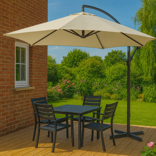 H�ngeparasol � 3  meter med vandt�t polyesterdug + Dug har UV50+ solbeskyttelse.  Model: Malaga Champagne