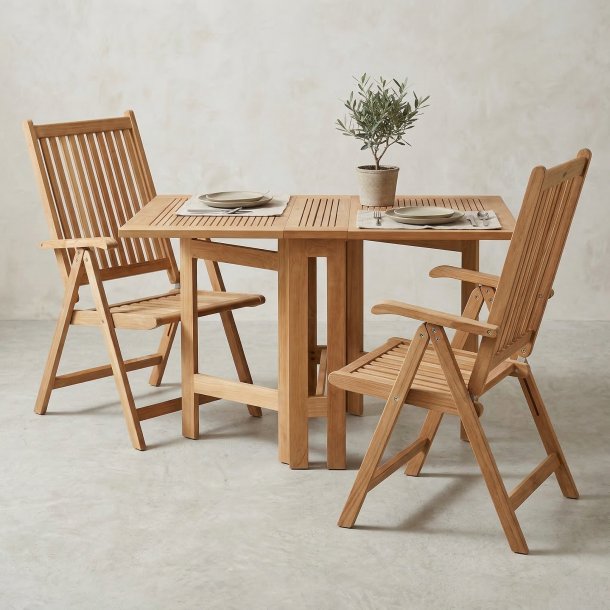 Foldbart Julia balkons�t i gold teak - Butterflybord med Julia 5-positionsstole - 2 personer - Perfekt til terrasse eller altan!